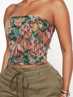 Fashion Nova Floral Tapestry Strapless Crop Top - Green, Pink, Blue - Size Large